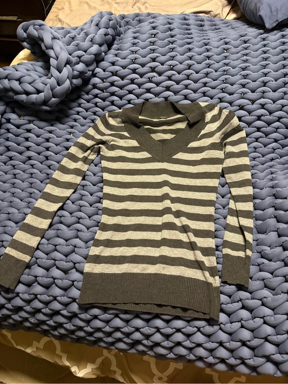 Poof! Striped V-Neck Sweater in Gray and Cream